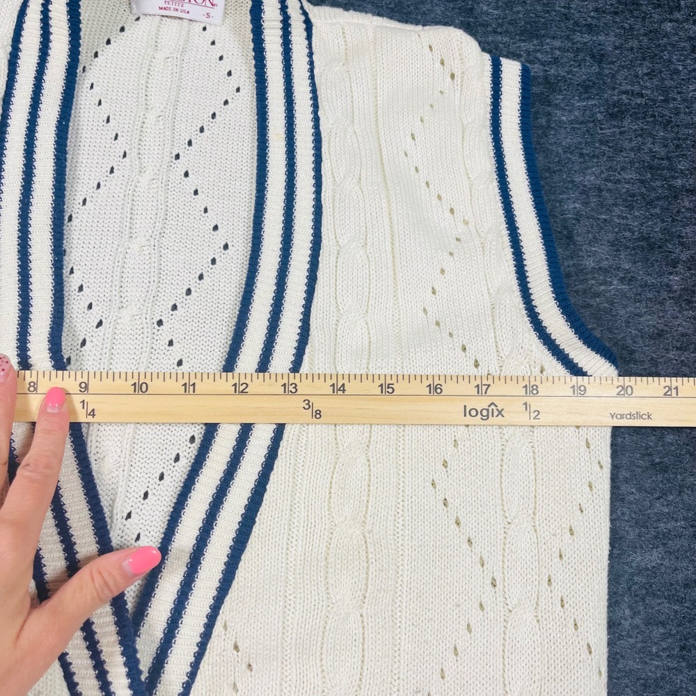Pendleton Sophisticates Women Small Petite Cotton Knit Vest Cream Navy Blue USA - Picture 2 of 8